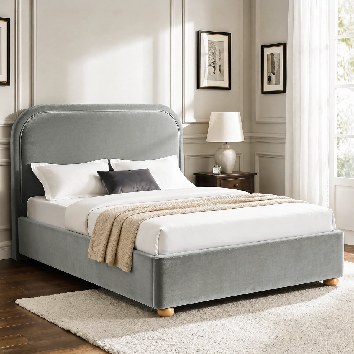[Light Grey | King] Curved headboard ottoman bed closed in bedroom, with plush light grey upholstery and soft rounded edges