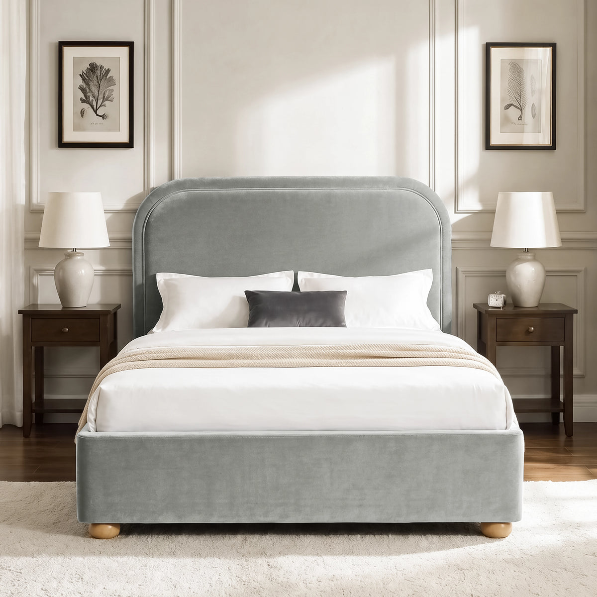 [Light Grey | King] Curved headboard ottoman bed in light grey plush velvet, front bedroom view with rounded wooden feet