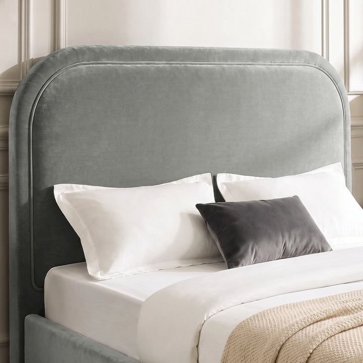 [Light Grey | King] Close-up of plush padded curved headboard with raised border piping that keeps its shape