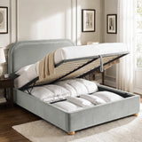 [Light Grey | King] Ottoman storage bed open with gas-lift base, pull strap, slats and bedding stored underneath