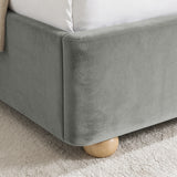 [Light Grey | King] Close-up of plush upholstered base corner with rounded solid wood foot and soft curved edge