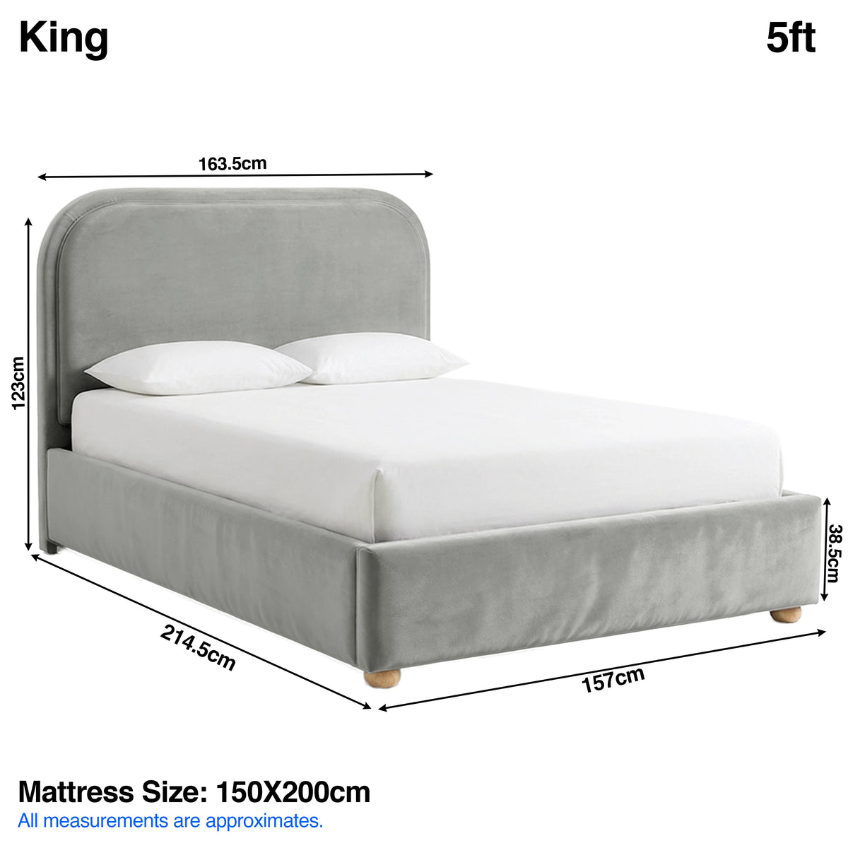[Light Grey | King] Dimensions graphic: curved ottoman bed 163.5W x 214.5L x 123H cm; mattress 150 x 200 cm