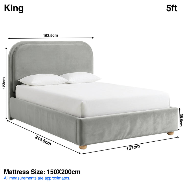 [Light Grey | King] Dimensions graphic: curved ottoman bed 163.5W x 214.5L x 123H cm; mattress 150 x 200 cm