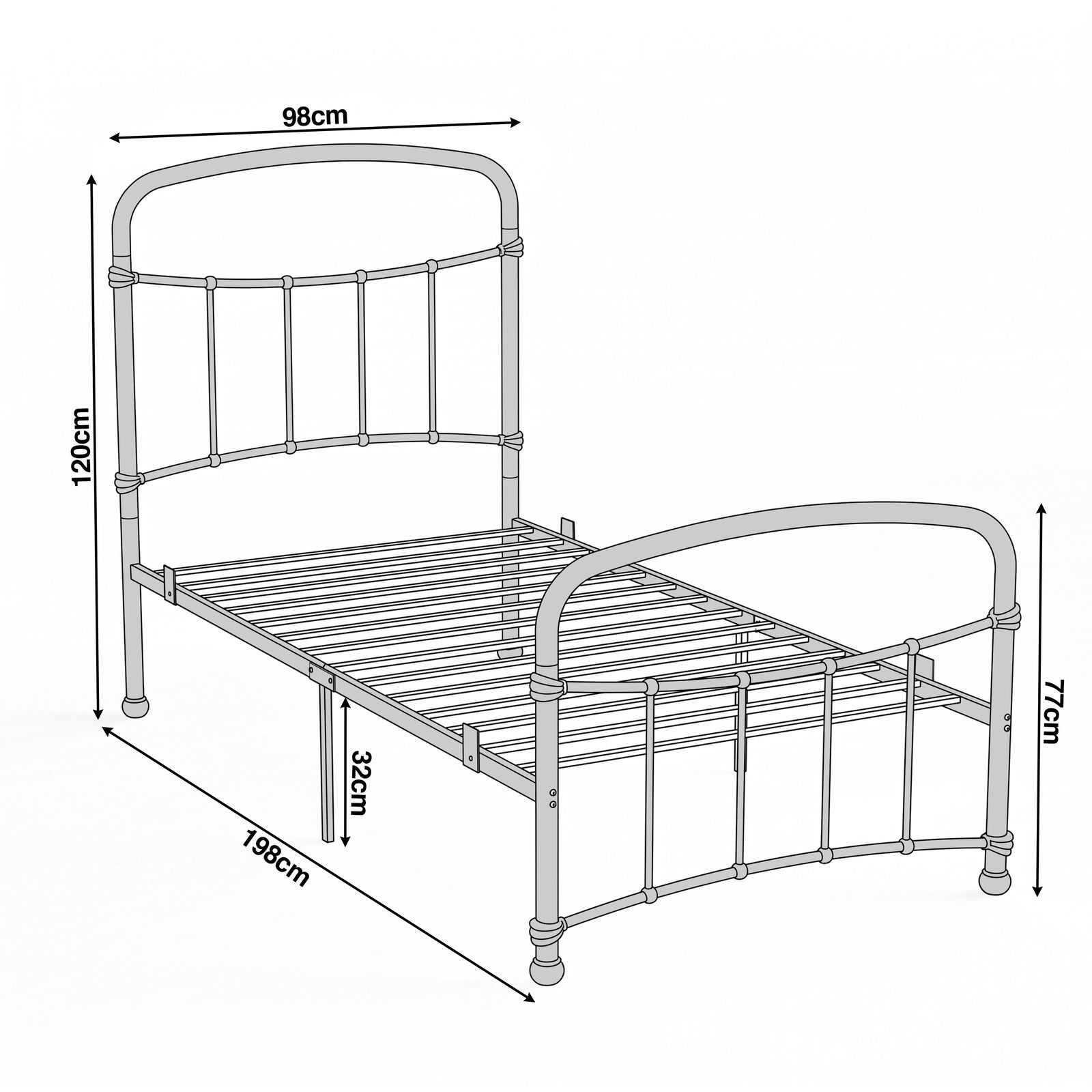 [Black | Single] Dimension of a bed frame, 98cm(W) x 198 cm (L) x 32 cm (H), with head height 120 cm, foot height 77 cm.