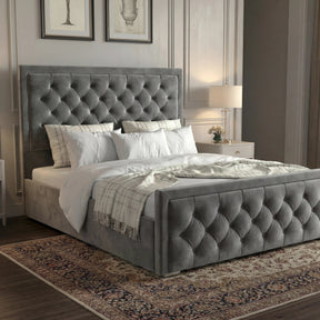 Cross Puffed Ottoman Storage Bed in grey velvet with tufted headboard and footboard, ideal for modern bedrooms with hidden under-bed storage.