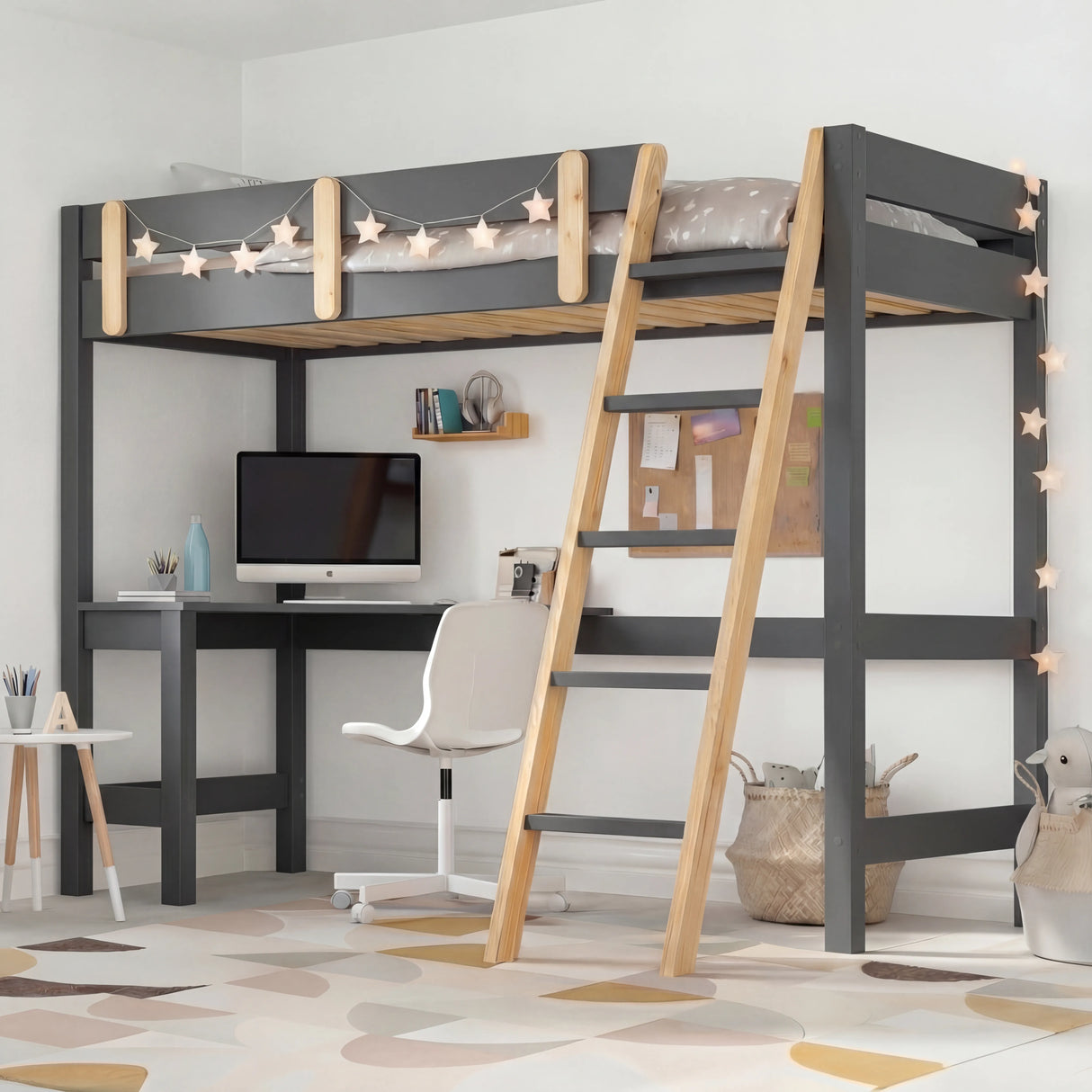Bunk Bed With Desk - High Sleeper Loft Bed Frame For Kids in grey wood finish with ladder, built-in desk, and star string lights, ideal for small bedrooms.