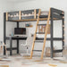 Bunk Bed With Desk - High Sleeper Loft Bed Frame For Kids in grey wood finish with ladder, built-in desk, and star string lights, ideal for small bedrooms.