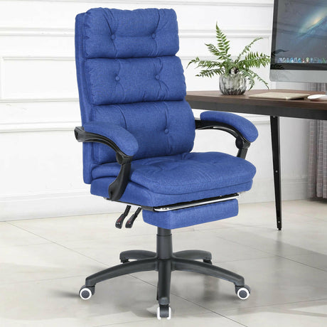 A sleek dark blue office chair combining ergonomic functionality with modern style.