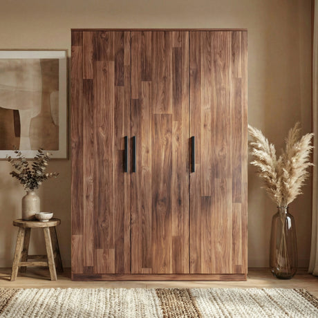 [Dark Bronx]  triple door wardrobe front view with wooden finish panels and contrasting black handles