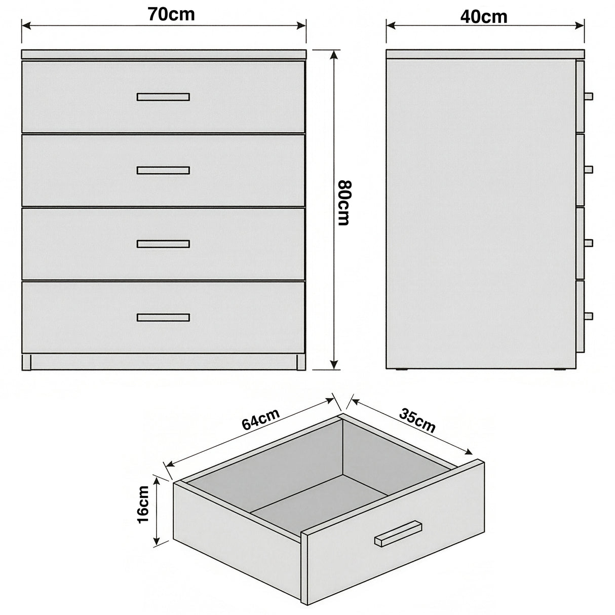[Dark Bronx]  Dimension diagram of wood rustic four drawer chest with labelled height 80 cm, width 70 cm, depth 40 cm ,and drawer sizes