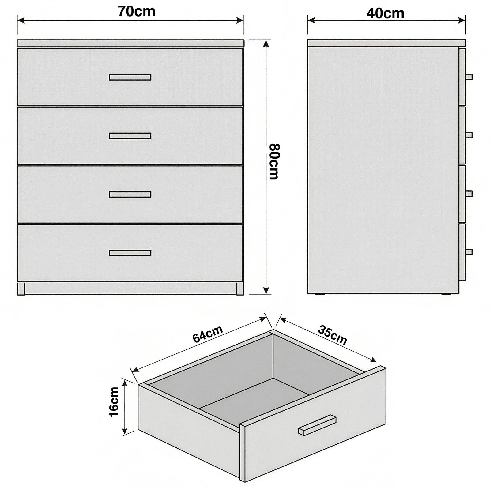 [Dark Bronx]  Dimension diagram of wood rustic four drawer chest with labelled height 80 cm, width 70 cm, depth 40 cm ,and drawer sizes