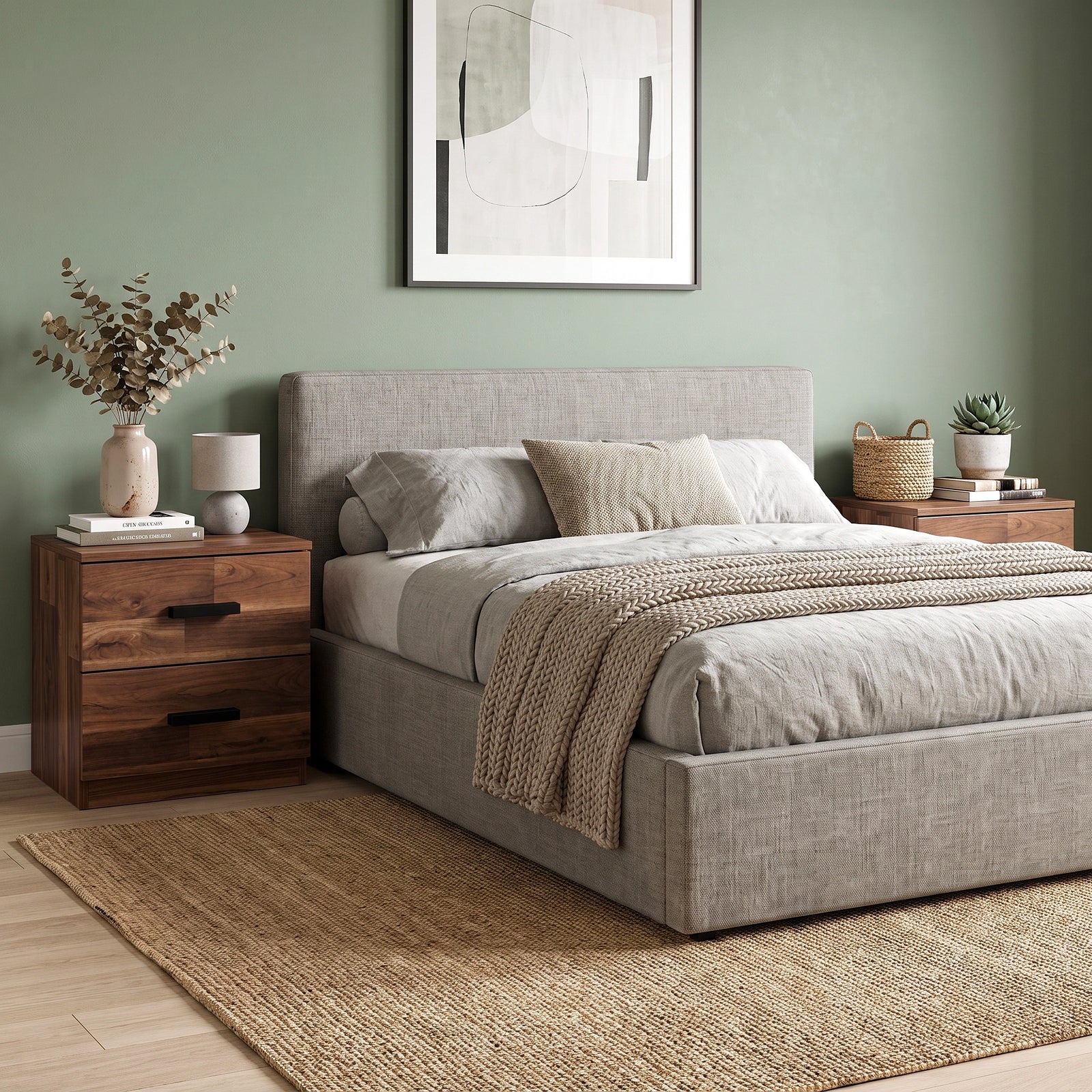 [Dark Bronx] 2 drawer bedside table with wood grain finish styled beside upholstered bed in modern bedroom