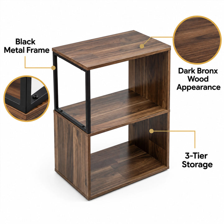 [Dark Bronx] This graphic shows the table's black metal frame outline, three-tier storage and dark Bronx wood appearance.
