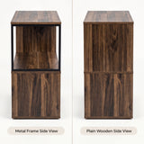 [Dark Bronx] This graphic shows the narrow side table from its metal frame side and plain wooden side.