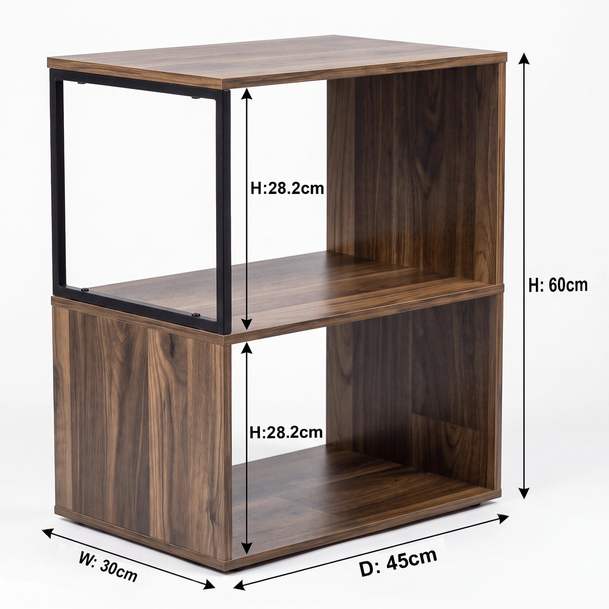 [Dark Bronx] This size guide shows the table as 30 cm wide, 45 cm deep and 60 cm high with two 28.2 cm open shelves.
