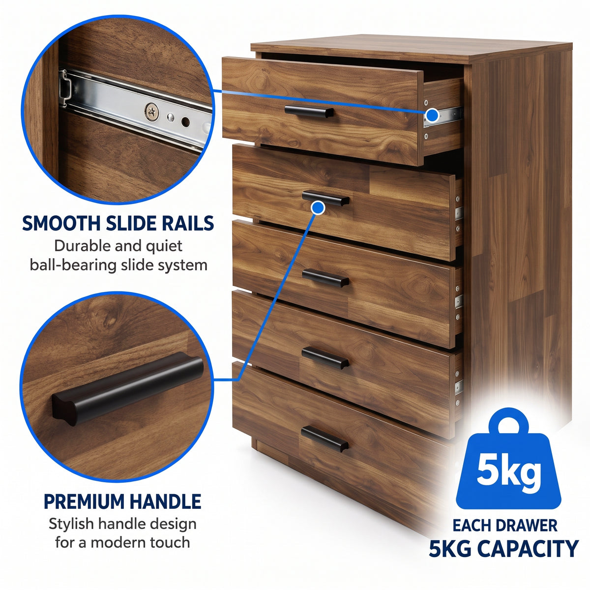 [Dark Bronx] Anti-tip wall mounting safety kit feature diagram for Dark Bronx Tall 5 Drawer Chest.