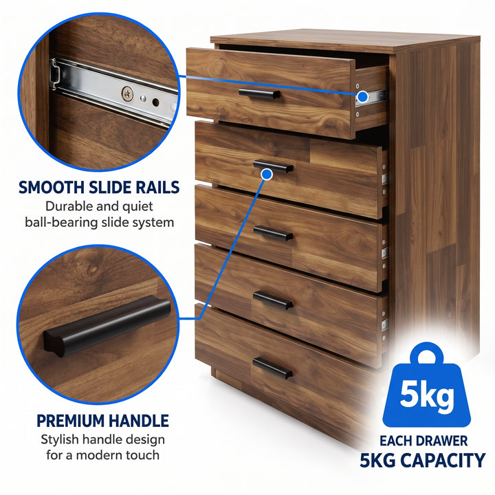 [Dark Bronx] Anti-tip wall mounting safety kit feature diagram for Dark Bronx Tall 5 Drawer Chest.