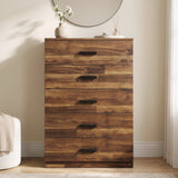 [Dark Bronx] Front view of the Dark Bronx Tall 5 Drawer Chest styled in a modern bedroom setting.
