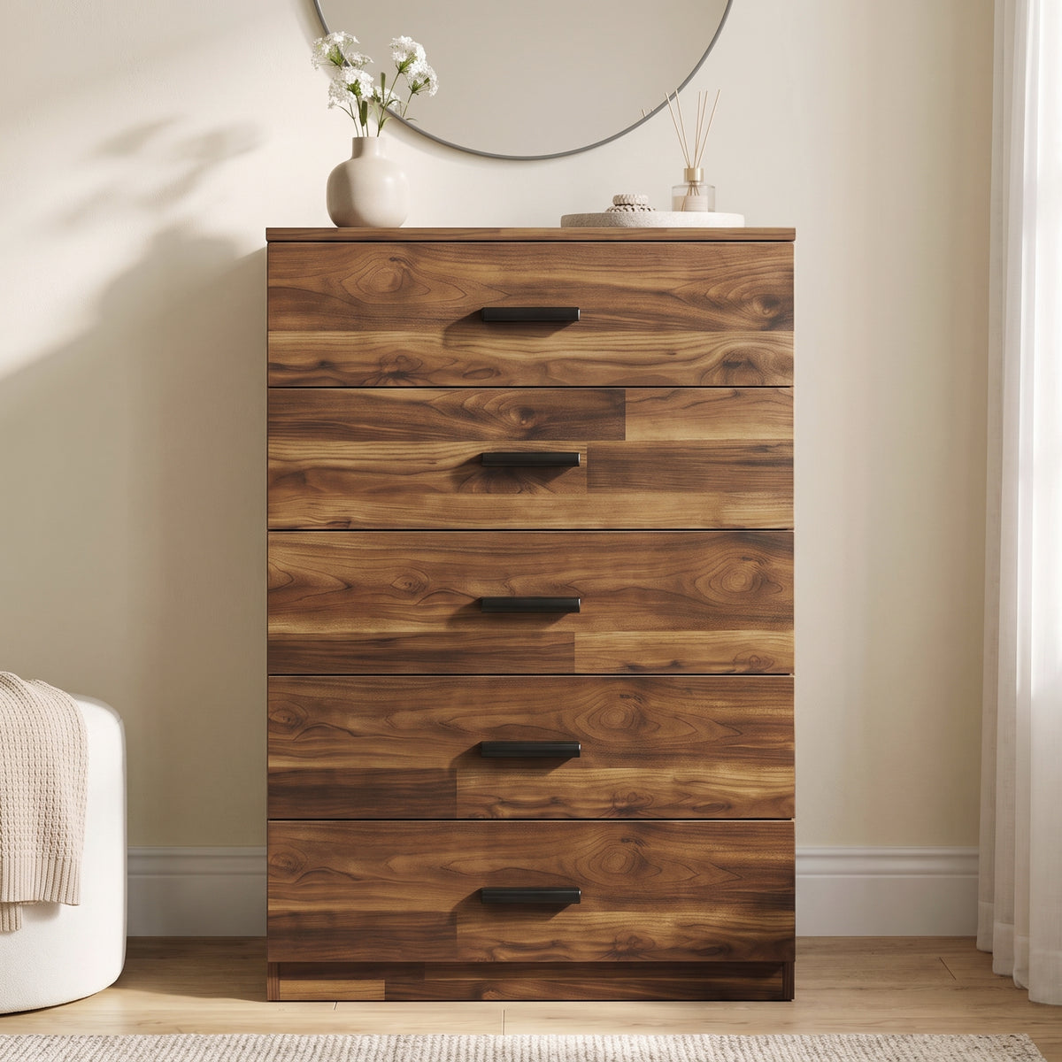 [Dark Bronx] Front view of the Dark Bronx Tall 5 Drawer Chest styled in a modern bedroom setting.