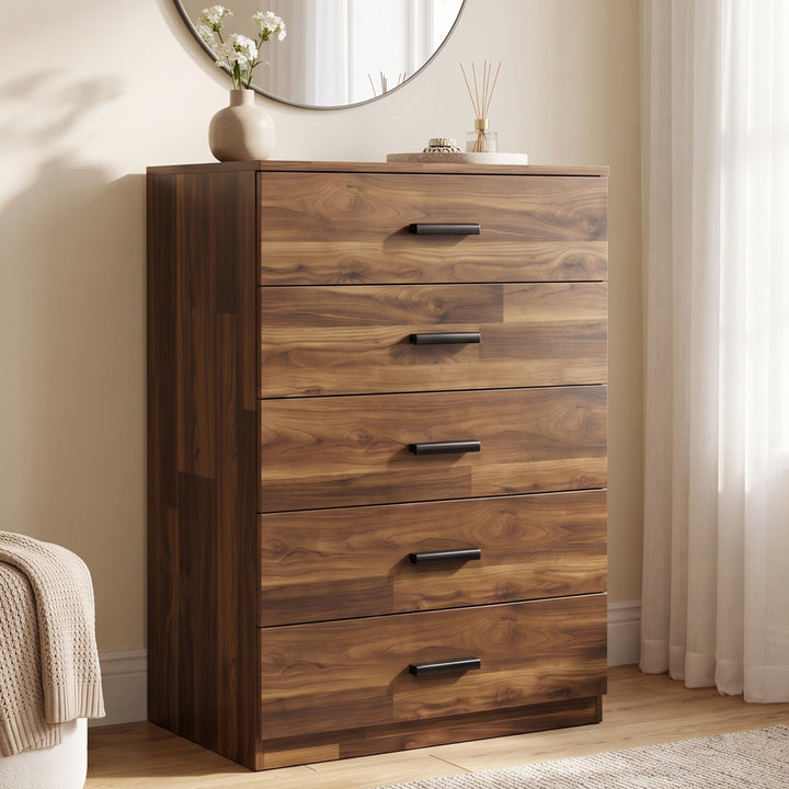 [Dark Bronx] Angled view of the Dark Bronx Tall 5 Drawer Chest of Drawers in rich wood grain.