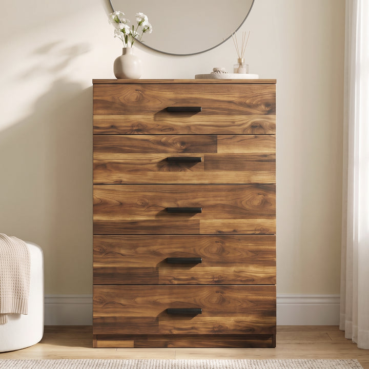 [Dark Bronx] Front view of the Dark Bronx Tall 5 Drawer Chest of Drawers with black handles.
