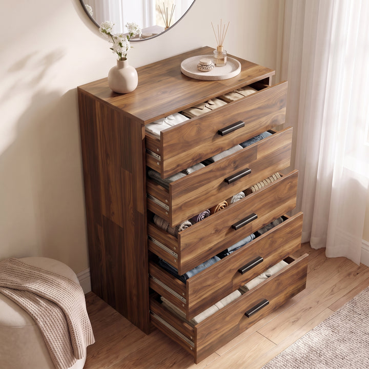 [Dark Bronx] High-angle view of the Dark Bronx Tall 5 Drawer Chest with all five drawers open.