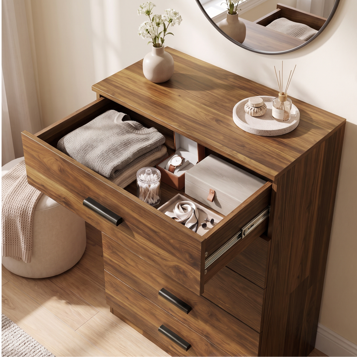 [Dark Bronx] Top drawer of the Dark Bronx Tall 5 Drawer Chest opened showing internal storage.