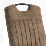 [Dark Brown] Retro dining chair close-up of tall stitched back with vertical channels and curved black carry grip.