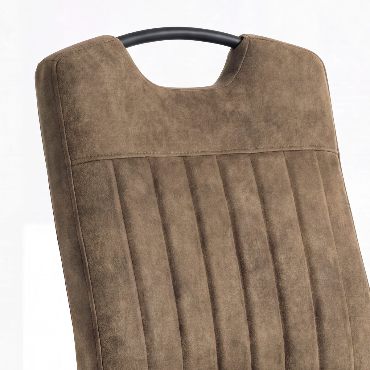[Dark Brown] Retro dining chair close-up of tall stitched back with vertical channels and curved black carry grip.