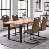 [Dark Brown] Four high-back dining chairs with black loop metal frames around a wood table with a glass plant vase.