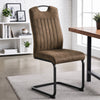 [Dark Brown] High-back dining chair by a wood table with upholstery, carry grip and black loop frame.