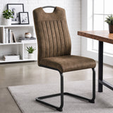 [Dark Brown] High-back dining chair by a wood table with upholstery, carry grip and black loop frame.