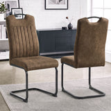 [Dark Brown] Front and rear high-back metal dining chair views with carry grips, padded seats and black loop frames.