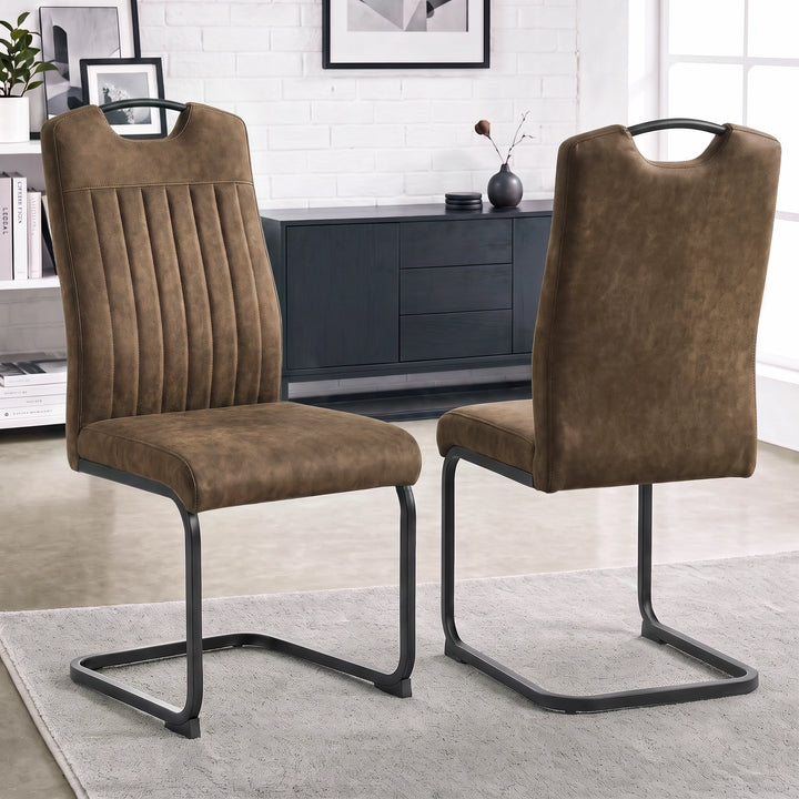 [Dark Brown] Front and rear high-back metal dining chair views with carry grips, padded seats and black loop frames.