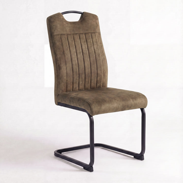 [Dark Brown] Retroloop upholstered dining chair with tall channelled back, padded seat and black loop metal frame.