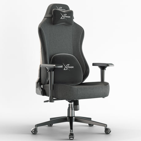 Xstriker Ergonomic Fabric Gaming Chair with 4D armrest in dark grey, featuring lumbar and neck support. Ideal for adult gamers or office use.