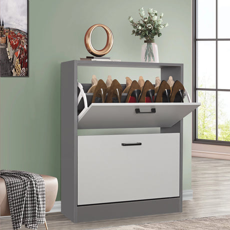 Thin shoe cabinet in dual grey tones with top pull-down drawer open; potted decor is neatly placed on the surface.