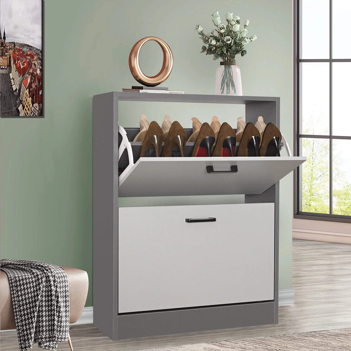 [Dark Grey & Sliver Grey] Thin shoe cabinet in dual grey tones with top pull-down drawer open; potted decor is neatly placed on the surface.