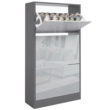 High gloss dark grey and silver slim shoe storage with top compartment and bottom drawer