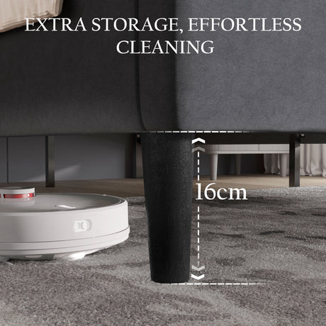 Velvet bed frame double & king size with 16cm clearance for extra storage and effortless cleaning, shown with a robot vacuum underneath.