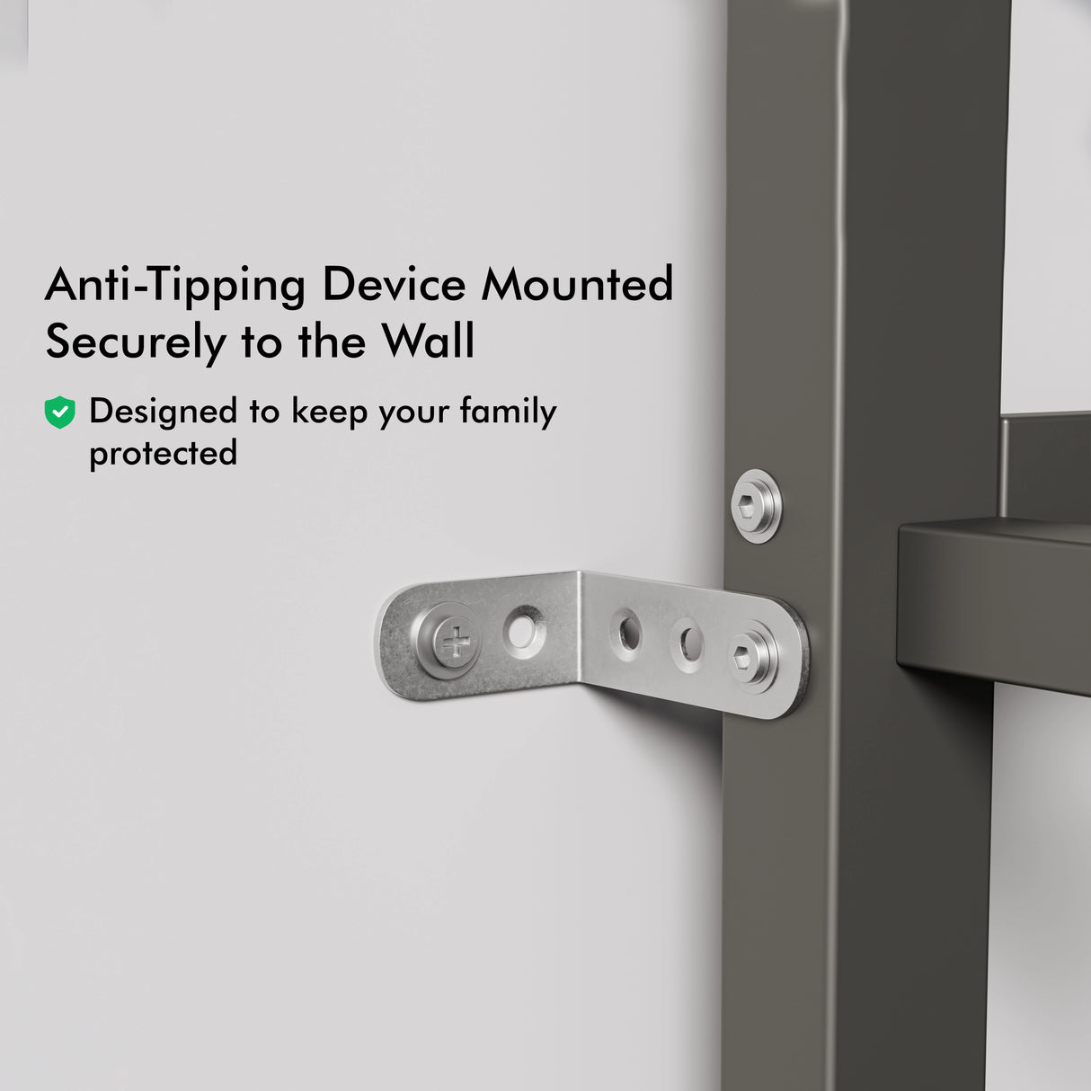 [dark grey + pine] bunk bed anti-tipping device closeup showing l-shaped metal bracket screwed to wall and frame