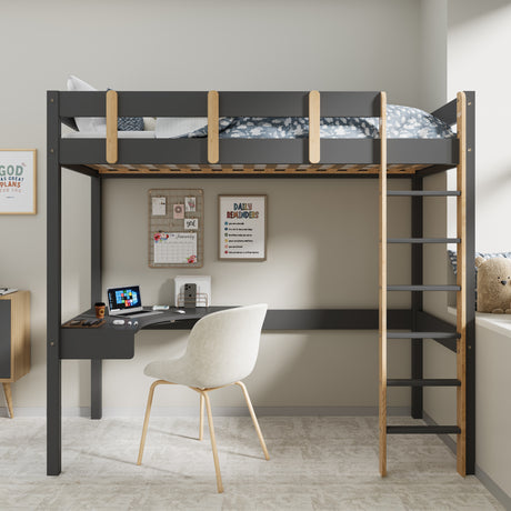 dark grey bunk bed with desk and ladder, decorated with pillows and a teddy bear.