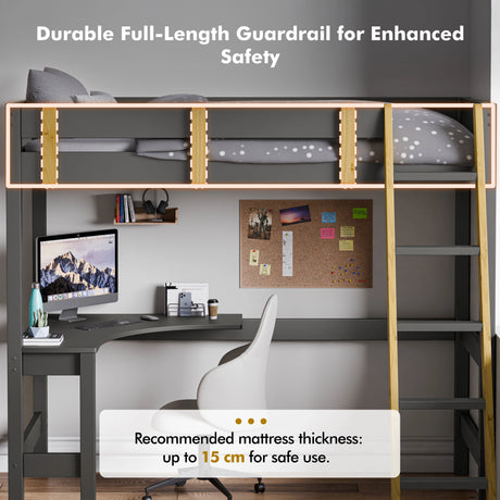 Dark grey bunk bed with desk under showing a computer setup beneath a loft frame with guardrail