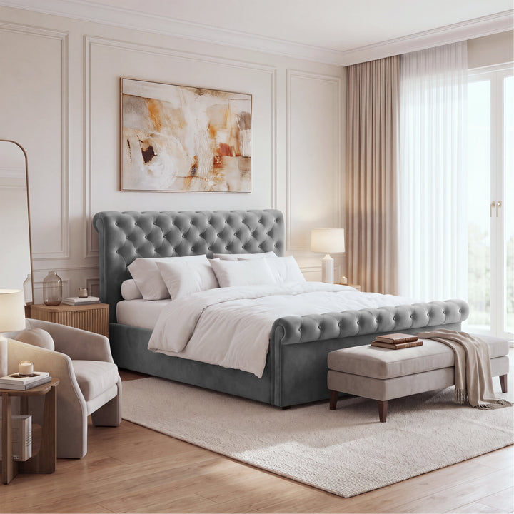[King | Dark Grey] Wide angled bedroom view of the Chesterfield King Ottoman Storage Bed Frame Dark Grey Velvet with matching bench.