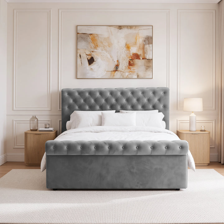 [King | Dark Grey] Front view of the Chesterfield King Ottoman Storage Bed Frame Dark Grey Velvet showing the button-tufted footboard.