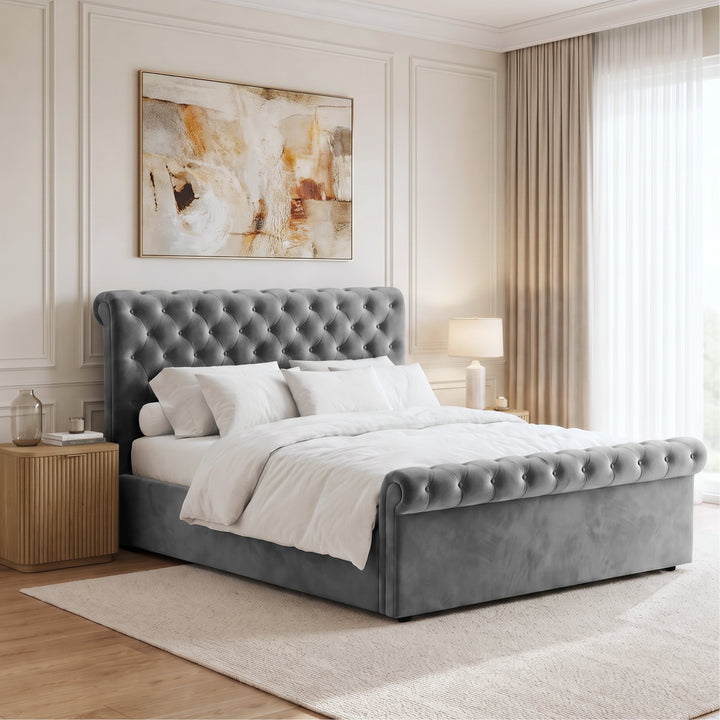 [King | Dark Grey] Chesterfield King Ottoman Storage Bed Frame Dark Grey Velvet styled in a modern luxury bedroom setting.