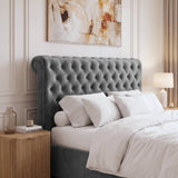 [King | Dark Grey] Close-up view of the deep button-tufted tall headboard on the Chesterfield King Ottoman Storage Bed Frame.