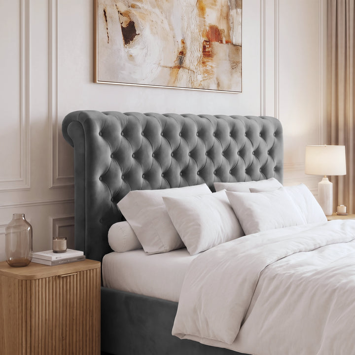 [King | Dark Grey] Close-up view of the deep button-tufted tall headboard on the Chesterfield King Ottoman Storage Bed Frame.