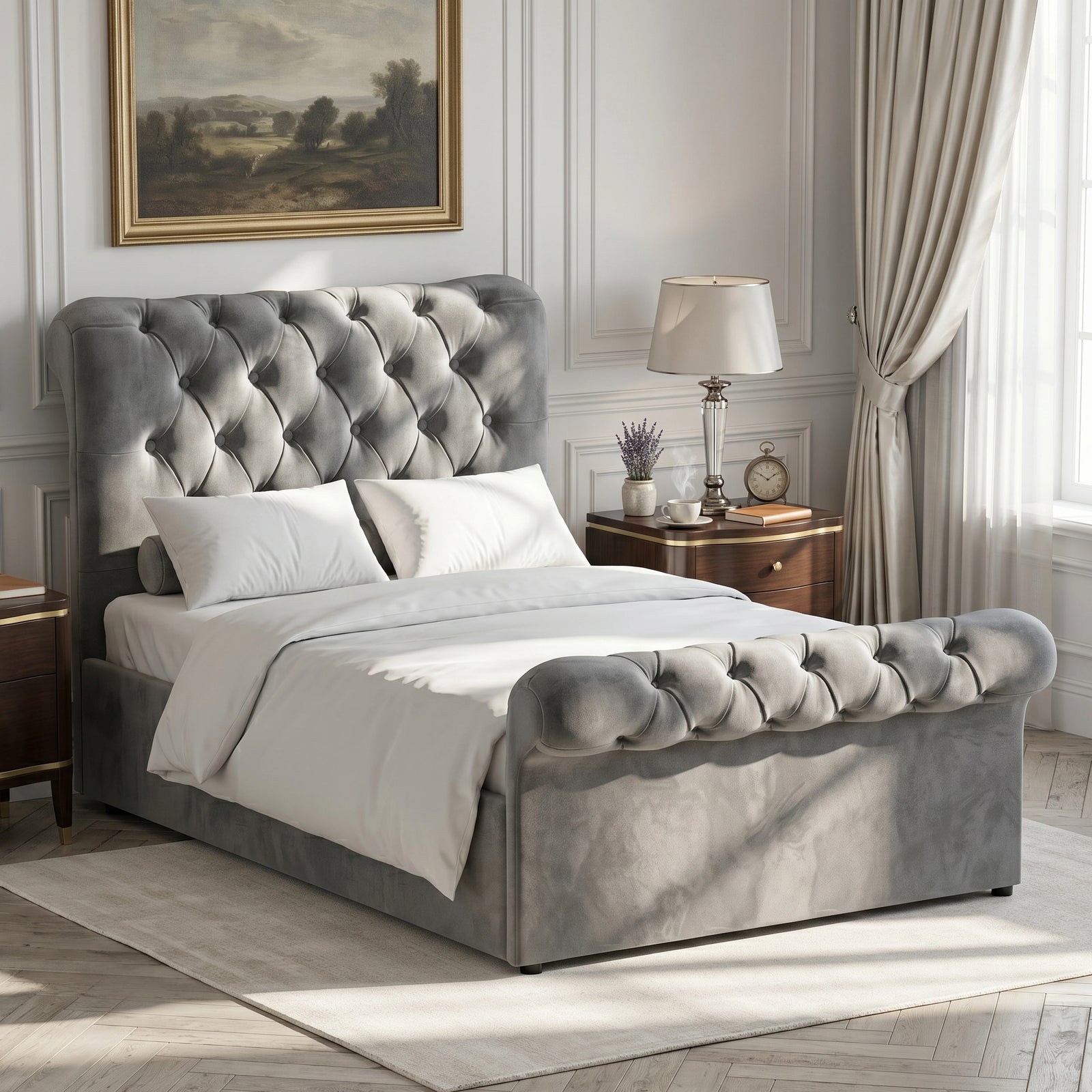[Dark Grey] Chesterfield bed in styled room with tufted headboard, footboard, white bedding, and side tables.