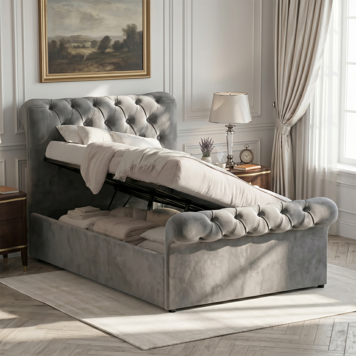 [Dark Grey] Chesterfield bed with side-lift storage open, showing gas struts and folded bedding inside.